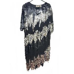 Vintage 1980s Niteline Sequin Beaded Assym Hem Dress Size Large